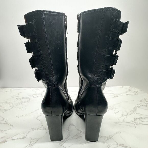 Harley Davidson Ladies Black Leather Boots Size 6 Mid Calf Buckles Zip Lace Up - Picture 4 of 16